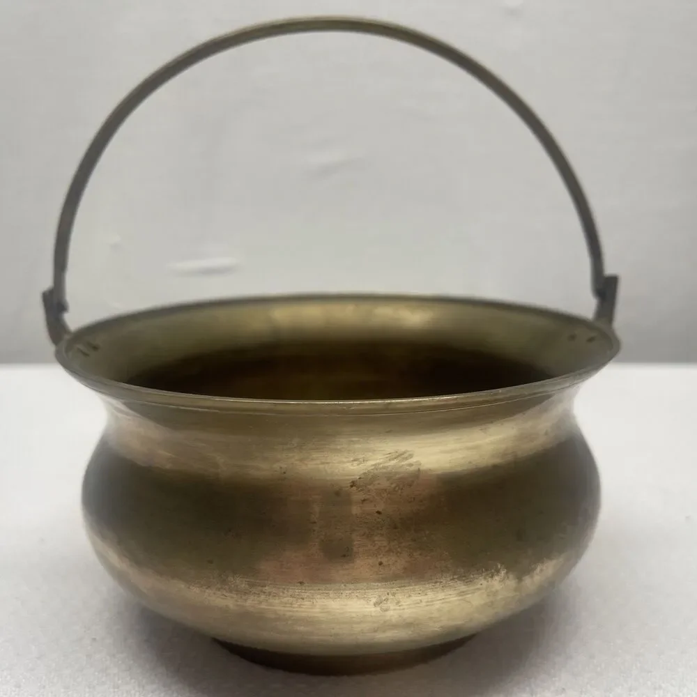 Vintage Solid Brass Cauldron Planter Pot Handle Mid-Century Modern Decor India